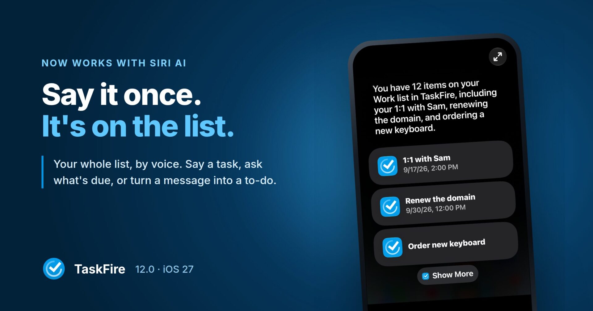 Adding a task to TaskFire by voice with Siri AI on iPhone